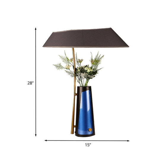 Modern Geometric Table Lamp With Flower Vase 1-Light Black Nightstand Light