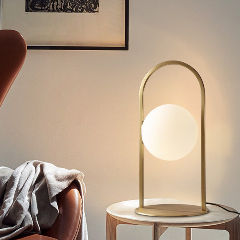 Modern Oval Brass Desk Lamp With Milk Glass Shade - 1 Bulb Metal Table Light For Living Room