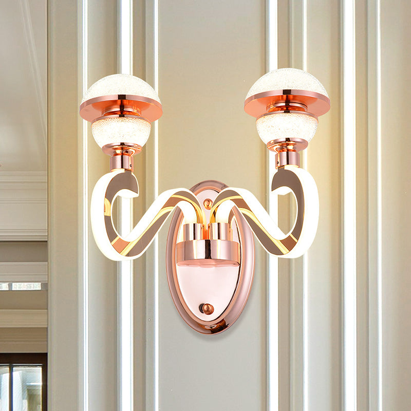 Rose Gold Metallic Led Wall Sconce With 2 Swirl Arm Heads - Modernist Urn Shape For Corridors