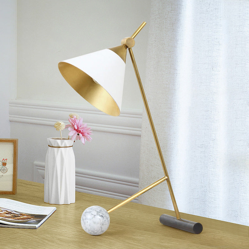 Modern White Led Table Lamp With Flared Design Metallic Tube And Marble Base