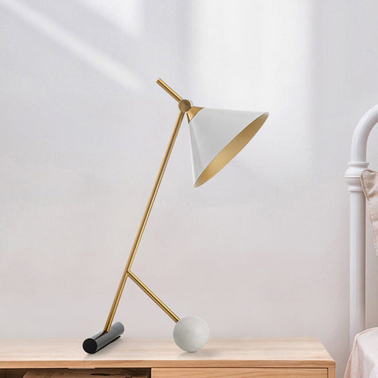 Modern White Led Table Lamp With Flared Design Metallic Tube And Marble Base