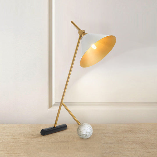 Modern White Led Table Lamp With Flared Design Metallic Tube And Marble Base