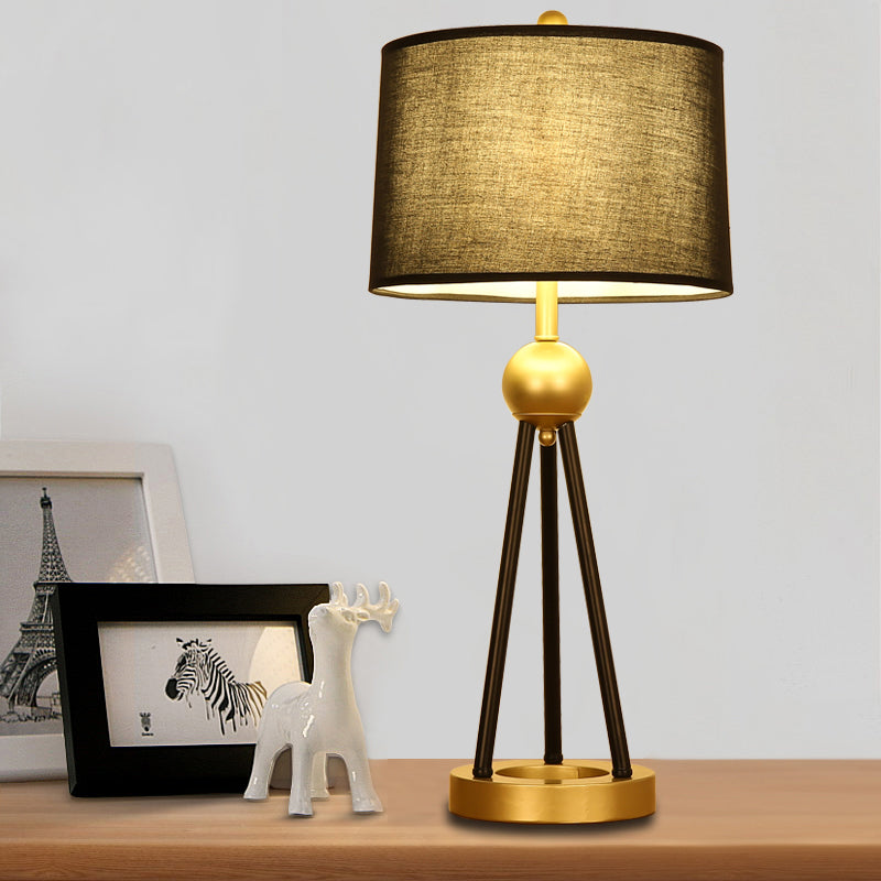 Nordic Tripod Table Lamp: Minimalistic Black Metal Nightstand Light With Drum Fabric Shade