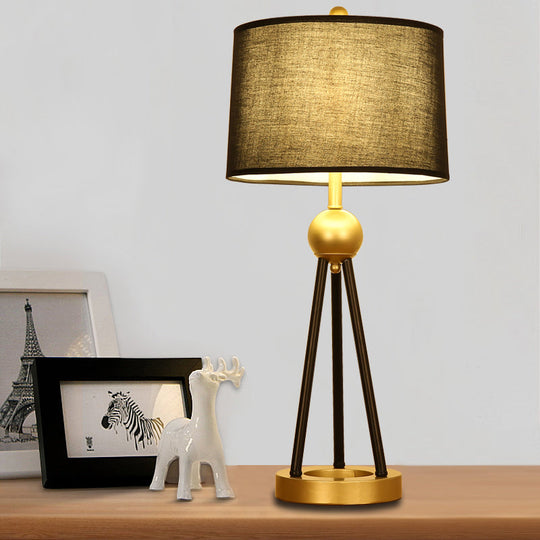 Nordic Tripod Table Lamp: Minimalistic Black Metal Nightstand Light With Drum Fabric Shade