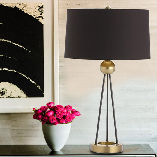 Nordic Tripod Table Lamp: Minimalistic Black Metal Nightstand Light With Drum Fabric Shade