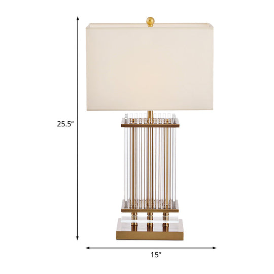 Minimalist Gold Desk Lamp With Clear Glass Bars - White Fabric Rectangle Night Table Light