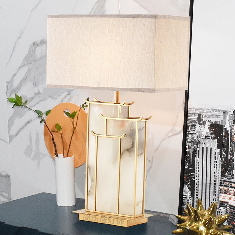 Contemporary Rectangle Fabric Table Lamp With Golden Frame And Marble Panel Deco White Task Light 1