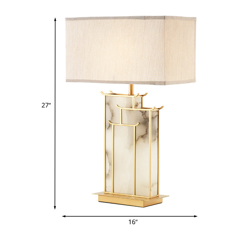 Contemporary Rectangle Fabric Table Lamp With Golden Frame And Marble Panel Deco White Task Light 1