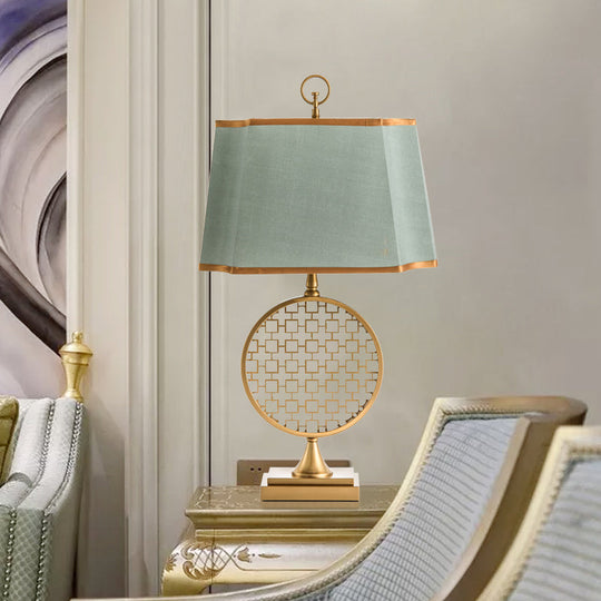 Chinese Style Led Desk Lamp With Gold Drum Shape & Green Fabric Shade