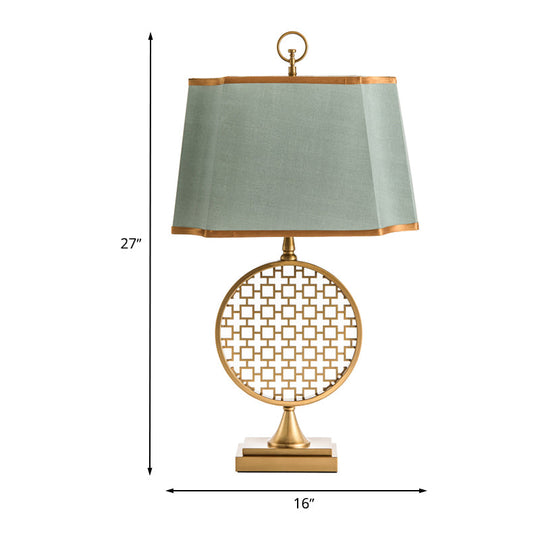 Chinese Style Led Desk Lamp With Gold Drum Shape & Green Fabric Shade