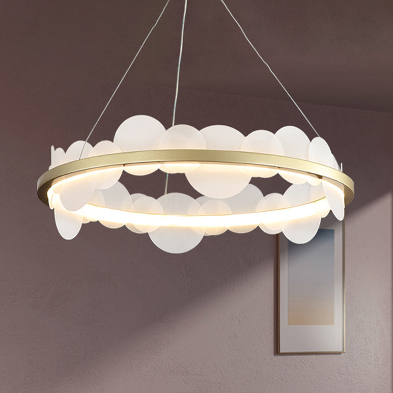 Contemporary LED Acrylic Chandelier Pendant in White/Warm Light - Gold Ring Design - 23.5"/31.5" Diameter