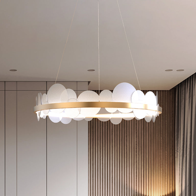 Contemporary Acrylic Round Panel Hanging Chandelier - Led Gold Pendant With Ring Design In