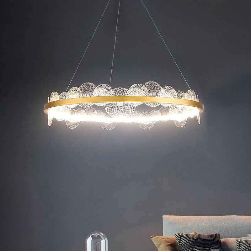 Gold Finish Led Ceiling Light With Textured Acrylic Shade - Modern Hoop Chandelier Pendant Lamp