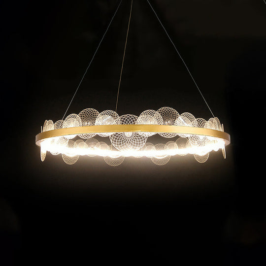 Gold Finish Led Ceiling Light With Textured Acrylic Shade - Modern Hoop Chandelier Pendant Lamp