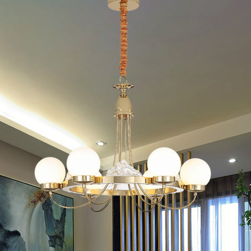 Modern Gold Curved Arm Ceiling Chandelier With Led Light 6 Heads Metal Construction Frosted White