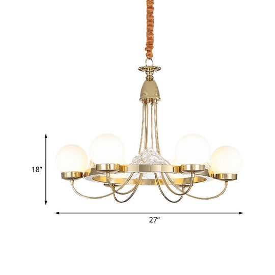 Modern Gold Curved Arm Ceiling Chandelier - 6 Head Metal LED Hanging Light with Frosted Glass Shade