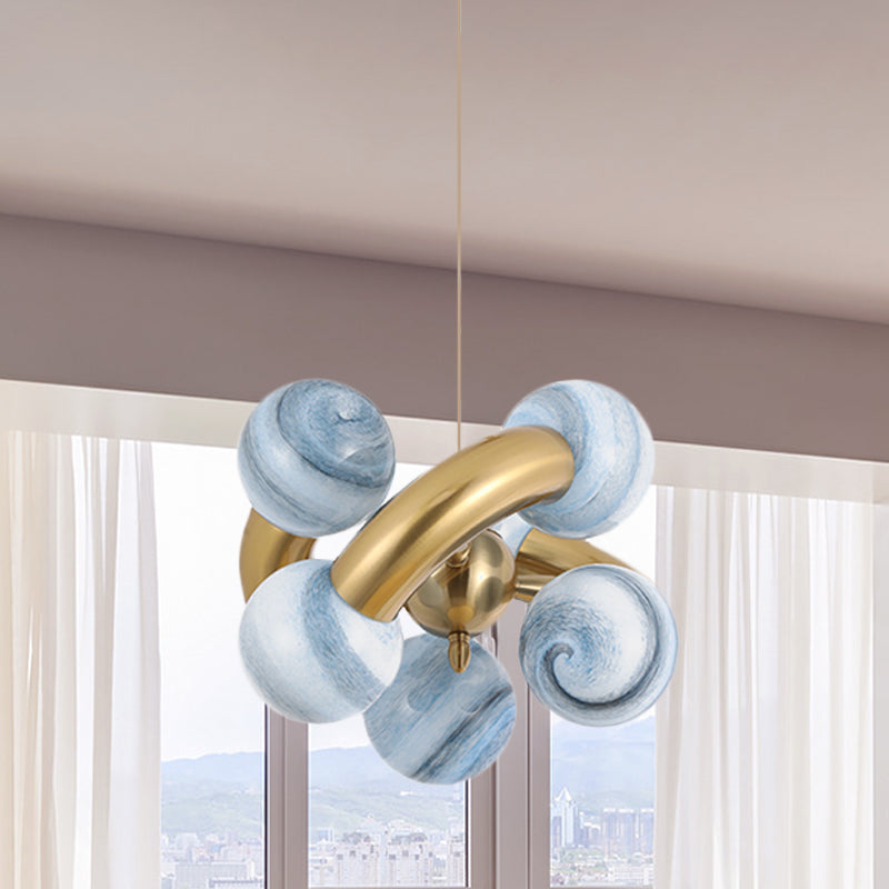 Post-Modern Blue/Tan Glass Sphere Chandelier: LED Pendant Light for Living Room with Twisted 6-Head Design