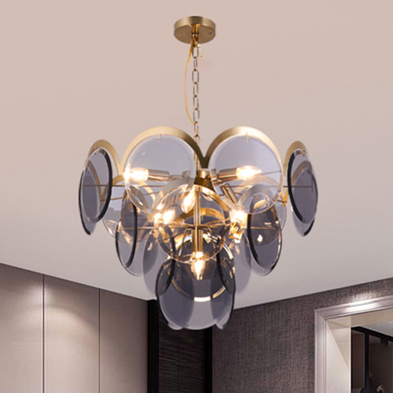 Smoke Gray Glass Round Panel Pendant With 7 Brass Heads - Modern Chandelier