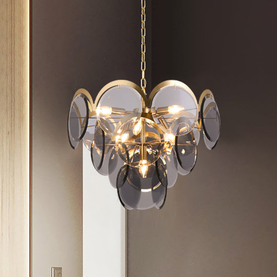 Smoke Gray Glass 7-Head Round Panel Pendant Light Fixture: Modern Brass Hanging Chandelier