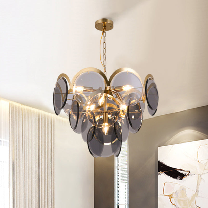 Smoke Gray Glass Round Panel Pendant With 7 Brass Heads - Modern Chandelier