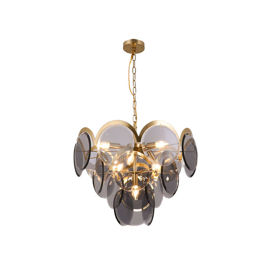 Smoke Gray Glass 7-Head Round Panel Pendant Light Fixture: Modern Brass Hanging Chandelier