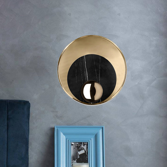 Modernist Led Sconce Lighting: Round Marble White/Black Wall Lamp With Gold Metal Backplate