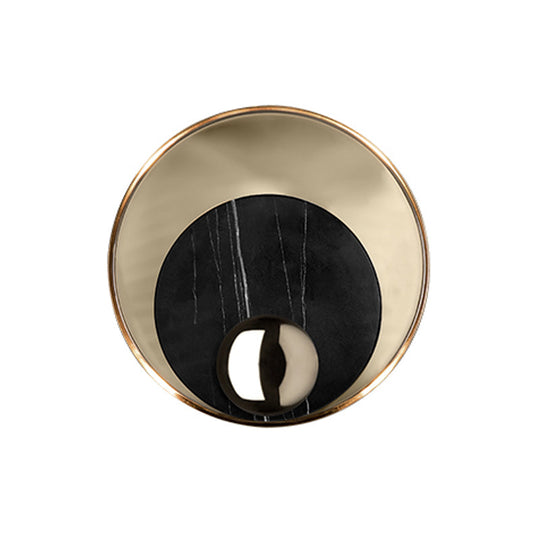 Modernist Led Sconce Lighting: Round Marble White/Black Wall Lamp With Gold Metal Backplate