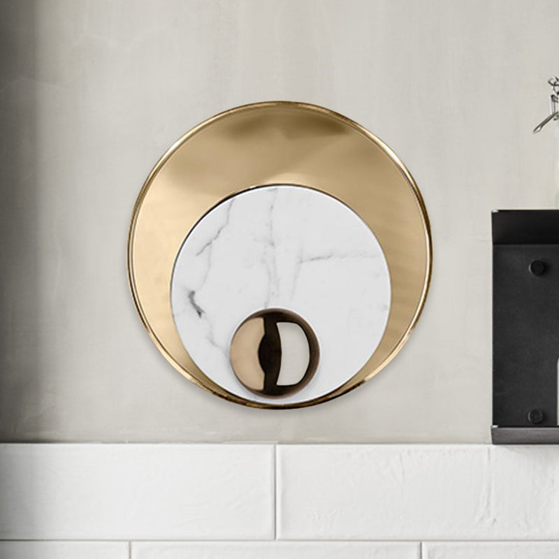 Modernist Led Sconce Lighting: Round Marble White/Black Wall Lamp With Gold Metal Backplate