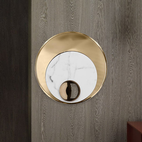 Modernist Led Sconce Lighting: Round Marble White/Black Wall Lamp With Gold Metal Backplate