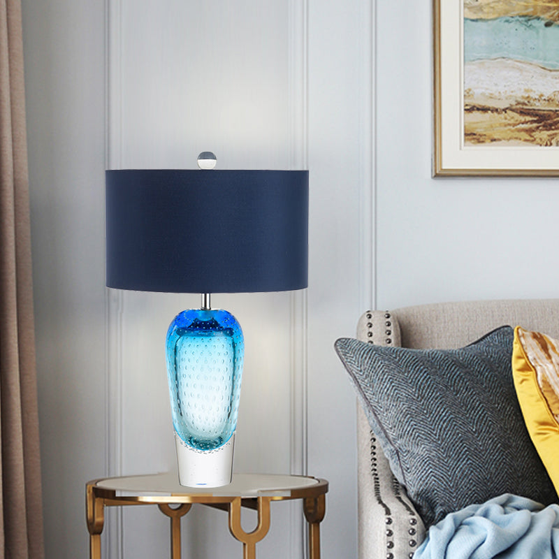 Contemporary Blue Bubble Glass Urn Night Table Lamp With Fabric Shade