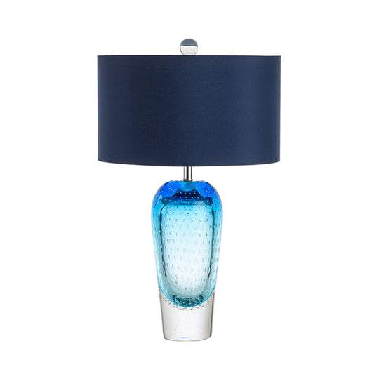 Contemporary Blue Bubble Glass Urn Night Table Lamp With Fabric Shade