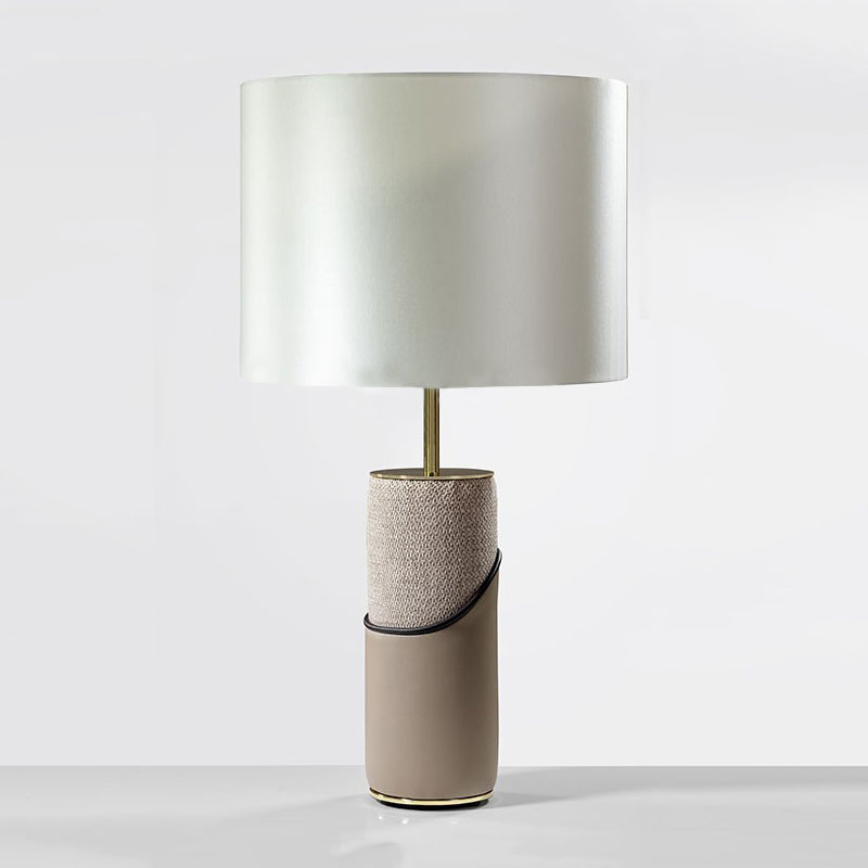 Modern Grey Fur Cylinder Table Lamp - 1 Head Nightstand Light With White Fabric Drum Shade