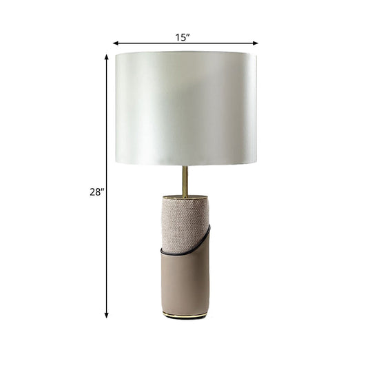 Modern Grey Fur Cylinder Table Lamp - 1 Head Nightstand Light With White Fabric Drum Shade