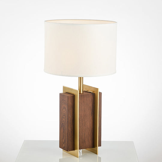 Modernist Gold Metal Desk Lamp With Wood Detail - 1-Head Fabric Table Light