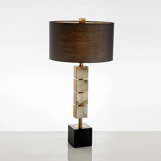 Modernist 1-Light Brown Desk Lamp With Cube Marble Base - Drum Fabric Table Lighting