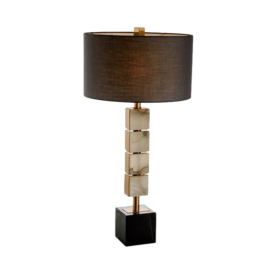 Modernist 1-Light Brown Desk Lamp With Cube Marble Base - Drum Fabric Table Lighting