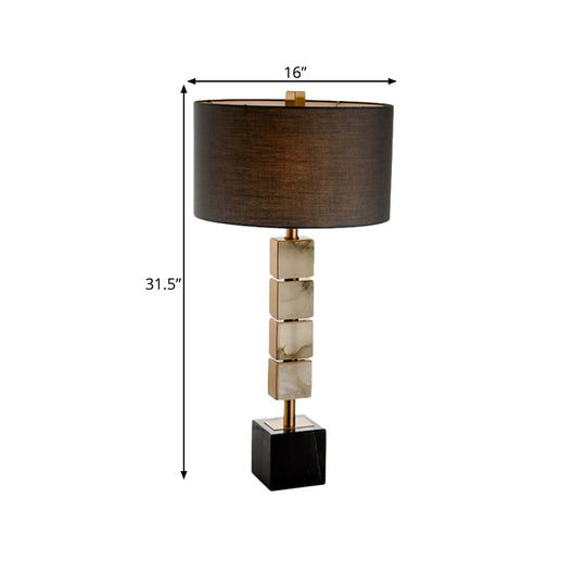 Modernist 1-Light Brown Desk Lamp With Cube Marble Base - Drum Fabric Table Lighting