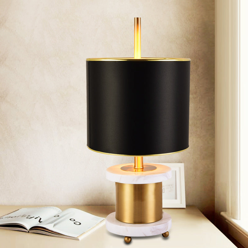 Modern Black Marble Reading Lamp With Fabric Drum Shade - Sleek Night Table Light 1 Head