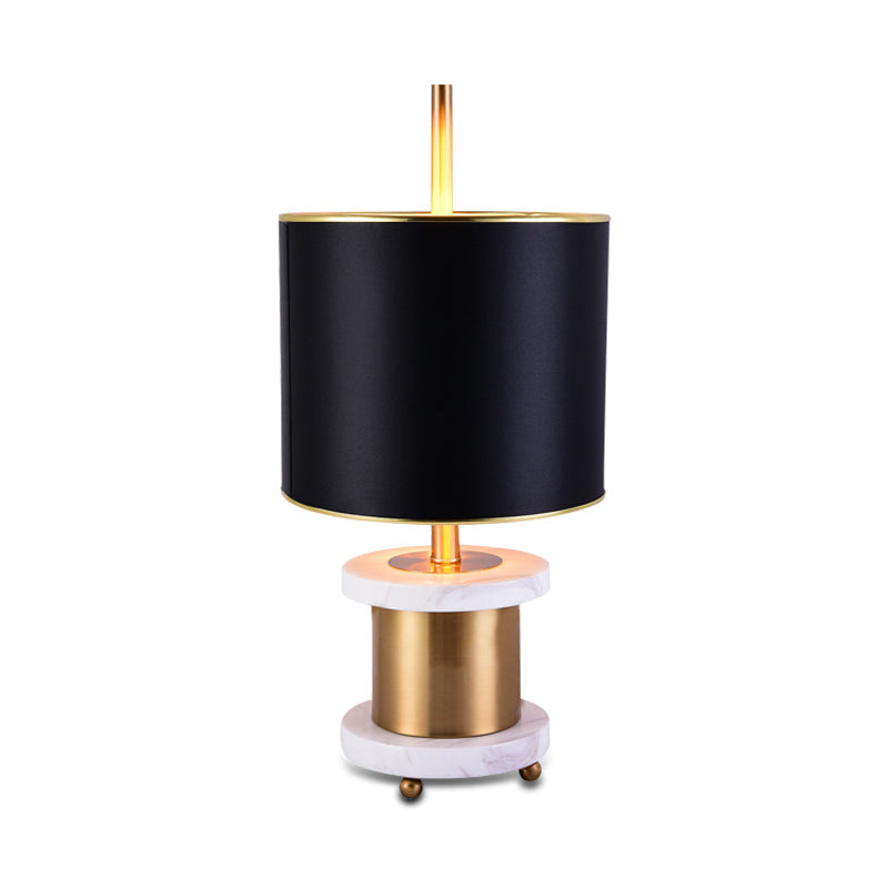 Modern Black Marble Reading Lamp With Fabric Drum Shade - Sleek Night Table Light 1 Head