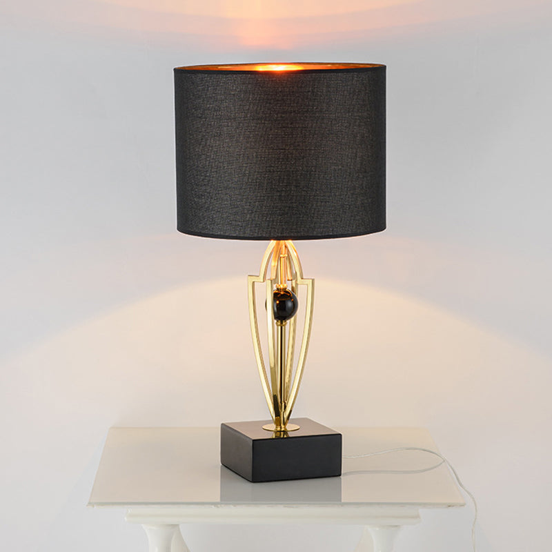 Contemporary Black Drum Night Table Lamp With Fabric Shade - 1 Light Nightstand