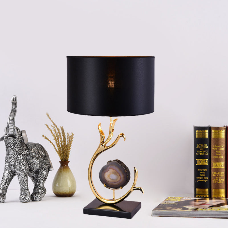 Metal Desk Lamp With Agate Accent - Modern Gold Finish And Black Fabric Shade