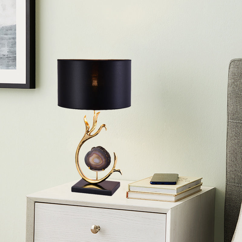 Metal Desk Lamp With Agate Accent - Modern Gold Finish And Black Fabric Shade