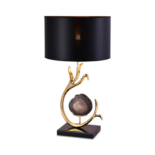 Metal Desk Lamp With Agate Accent - Modern Gold Finish And Black Fabric Shade