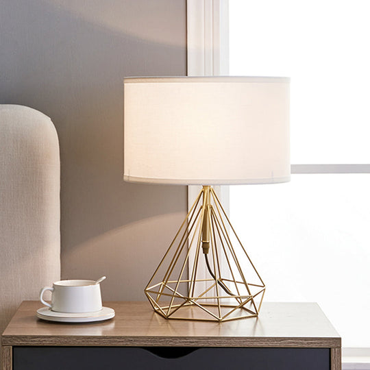 Gold Diamond Cage Table Light - Minimalist Metallic Bedside Lamp With White Fabric Shade