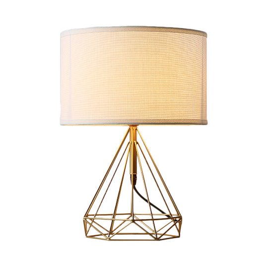 Gold Diamond Cage Table Light - Minimalist Metallic Bedside Lamp With White Fabric Shade