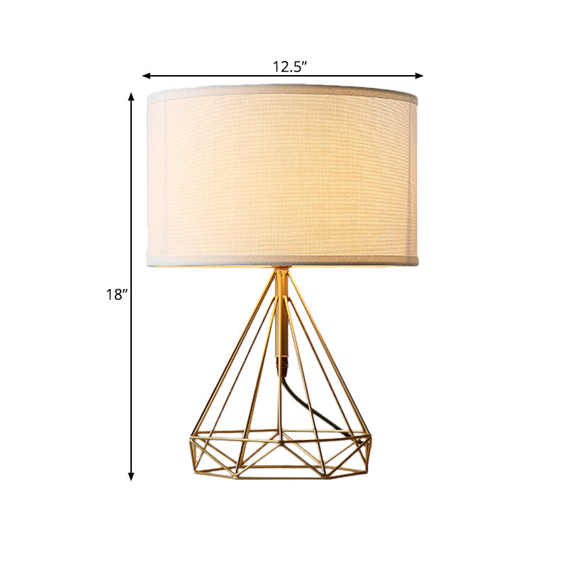 Gold Diamond Cage Table Light - Minimalist Metallic Bedside Lamp With White Fabric Shade