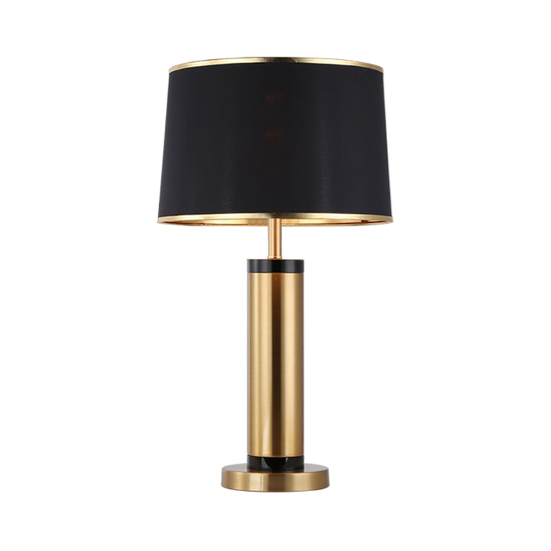 Modern Metallic Tube Desk Light With Gold Finish 1-Light Drum Black Fabric Shade