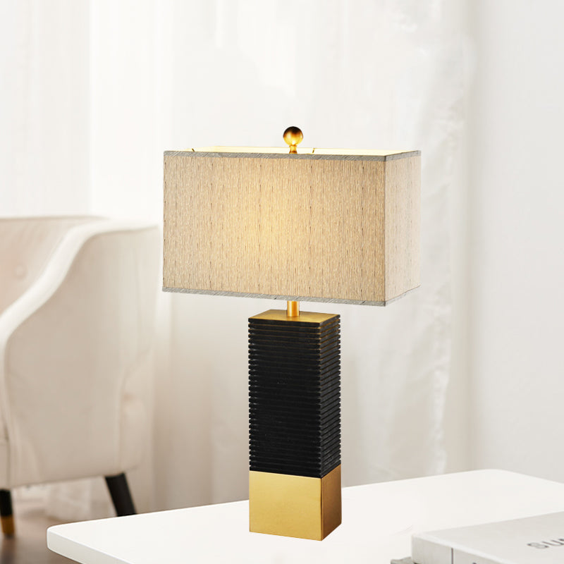 Modern Black Finish Rectangle Table Lamp With Metallic Base And Beige Fabric Shade