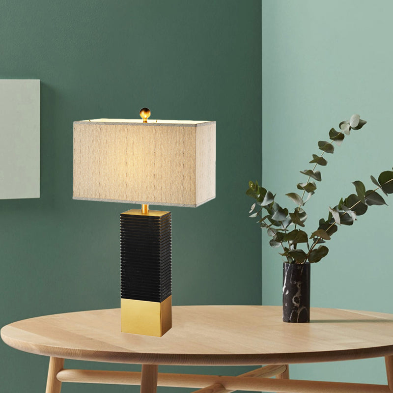 Modern Black Finish Rectangle Table Lamp With Metallic Base And Beige Fabric Shade