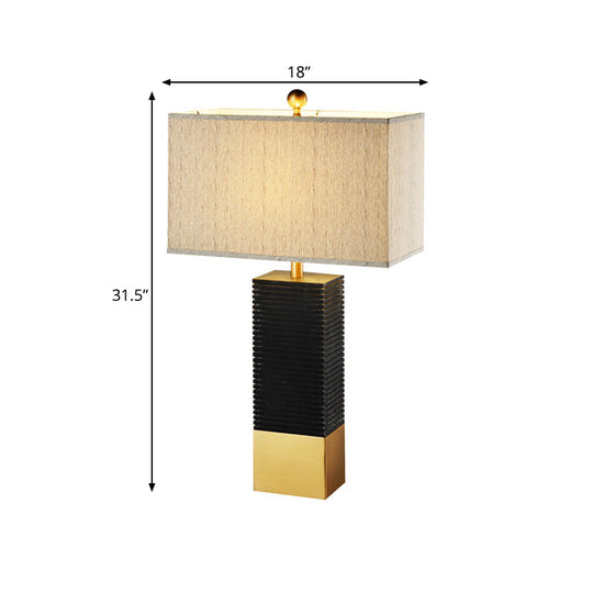 Modern Black Finish Rectangle Table Lamp With Metallic Base And Beige Fabric Shade